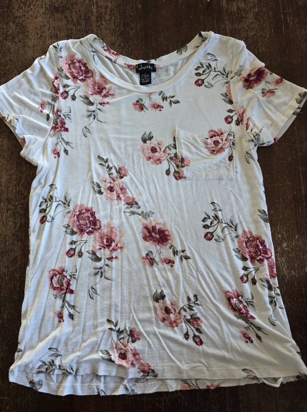 Justify White Tee with Pink Rose Floral Print and Pocket